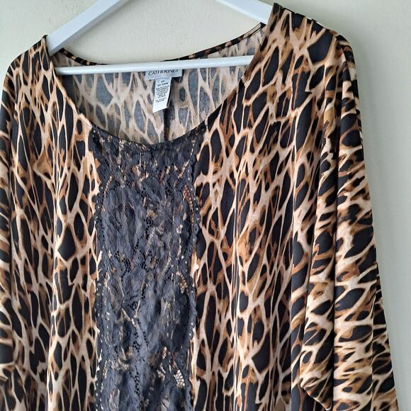 Catherines Brown & Black Animal Print Lace Trim Short Sleeve Top - Size 2X 22/24 - Picture 6 of 11
